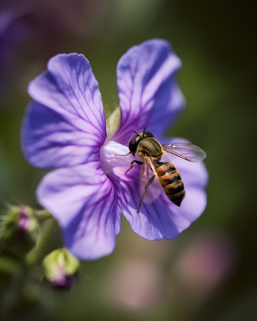 Hoverfly on a purple flower. Shallow depth of field.の素材