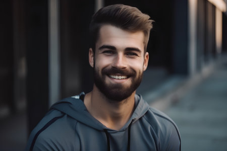 Handsome young man in sportswear smiling and looking at cameraの素材