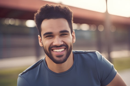 Portrait of a young african american man smiling outdoors.の素材