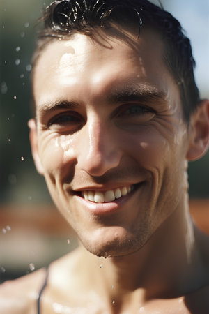 Portrait of a smiling young man in the shower with water dropsの素材
