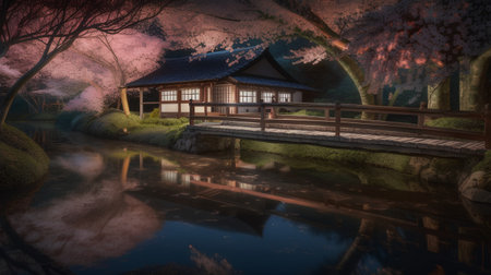 Japanese house and cherry blossom at night in Kanazawa, Japanの素材