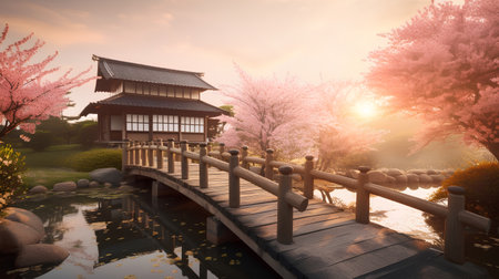 Japanese temple with cherry blossom in spring, Chiang Mai, Thailandの素材