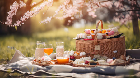 Picnic in the park with a basket of sweets and juice.の素材