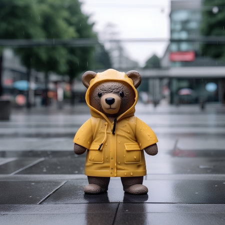 Teddy bear in a raincoat on the street in rainy weatherの素材