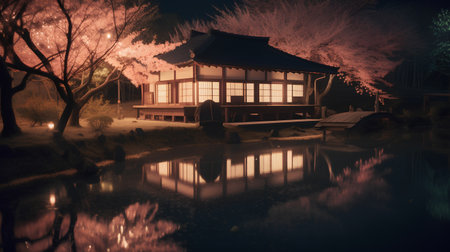 Japanese style house in the garden at night with reflection in the pondの素材