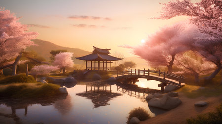 Cherry blossoms and japanese pavilion in the morningの素材