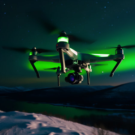 Drone with digital camera flying in the night sky. 3d renderingの素材