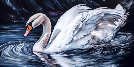 Beautiful white swan swimming in the water. Digital painting.の素材