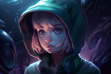 3d illustration of a girl in a hoodie with headphones.の素材