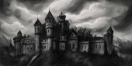 Castle in a stormy sky. Hand-drawn illustration.の素材
