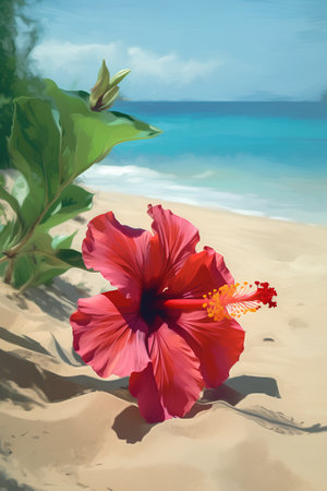 Illustration of a red hibiscus flower on the beachの素材