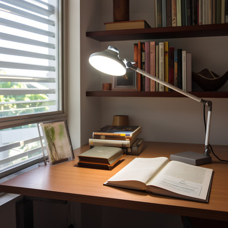 Book and lamp on the desk in the library. Education concept.の素材