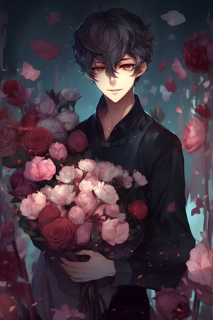 Portrait of a beautiful girl with a bouquet of flowers.の素材