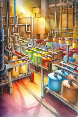 Digital painting of a factory interior with a conveyor belt and pipesの素材
