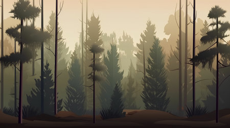 Forest background with pine trees and fog in the morning vector illustration.の素材