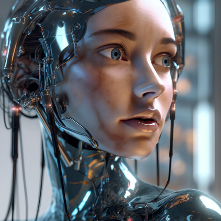 3d rendering of a female robot with artificial intelligence and cyborg headの素材