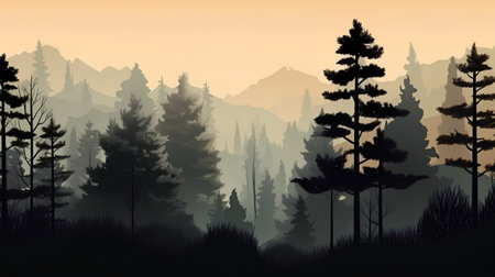 Foggy forest background with pine trees and mountains  Vector illustrationの素材
