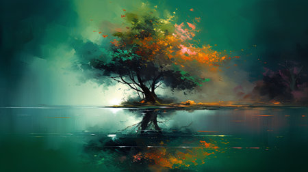 Colorful tree in the lake. Digital painting. Illustration.の素材