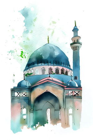 Watercolor illustration of mosque. Hand drawn watercolor illustration on white background.の素材