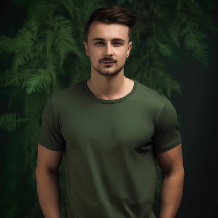 Portrait of handsome young man in green t-shirt on dark backgroundの素材