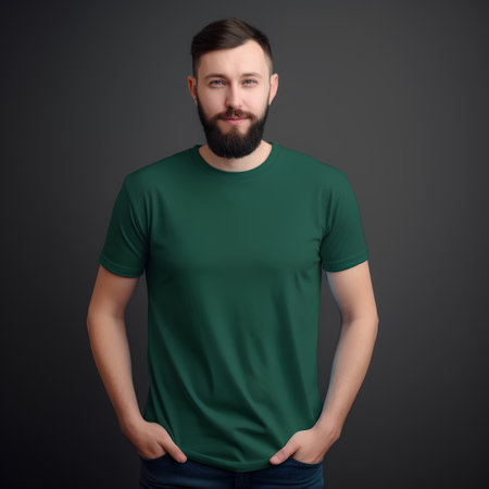 Handsome bearded man in green t-shirt on dark backgroundの素材