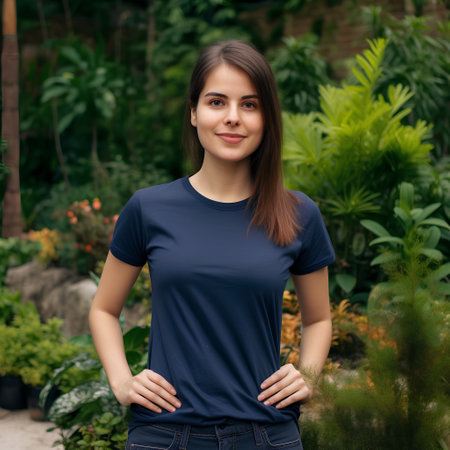 Portrait of a beautiful young brunette woman in a blue t-shirt.の素材