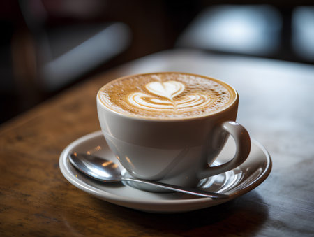 Coffee cup with heart shape latte art on wooden tableの素材