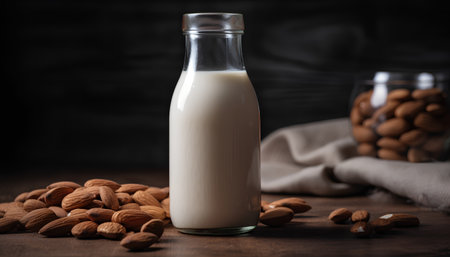 Almond milk in a glass bottle on a wooden table with almondsの素材