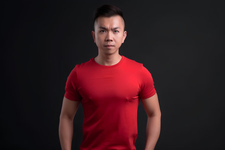 Portrait of young Asian man in red t-shirt against black backgroundの素材