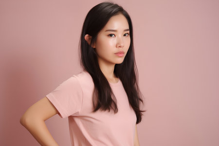Portrait of a beautiful young asian woman on pink background.の素材