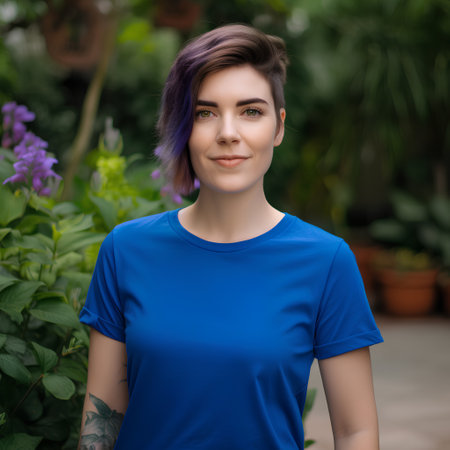 Portrait of a beautiful young woman with purple hair in the gardenの素材