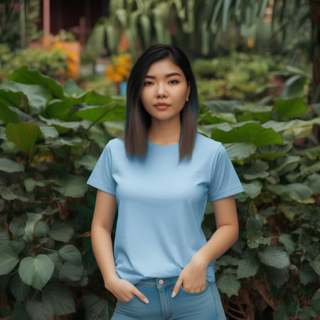 Beautiful young asian woman wearing blue t-shirt in the garden.の素材