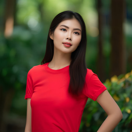 Portrait of beautiful asian woman in red t-shirt standing in the parkの素材