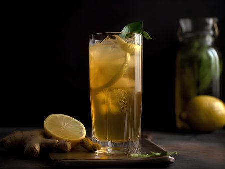 Ginger tea with lemon and ice in a glass on a black backgroundの素材