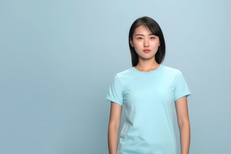 Young asian woman in blue t-shirt on blue background.の素材