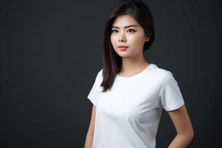 beautiful asian woman in white t-shirt on black backgroundの素材