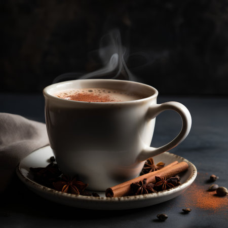 Cup of hot coffee with cinnamon and anise on dark backgroundの素材