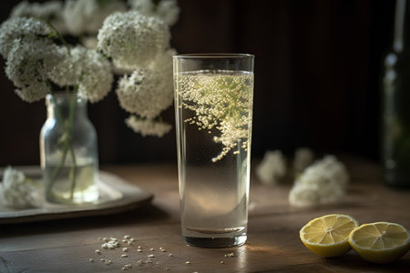 Glass of water with lemon and white flowers on a wooden table.の素材