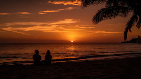 Silhouette of a couple sitting on the beach at sunset with palm treesの素材
