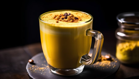 Coffee latte with turmeric in a glass, selective focusの素材