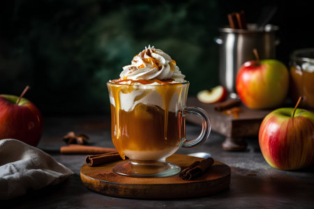 Cup of hot chocolate with whipped cream and apples on dark backgroundの素材