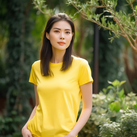 Portrait of a beautiful asian woman in yellow dress in gardenの素材