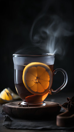 Cup of hot tea with lemon and spices on dark background.の素材