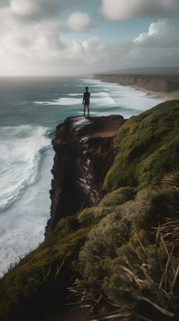 Man standing on the edge of a cliff with the ocean in the backgroundの素材