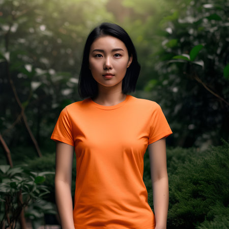 Portrait of a beautiful Asian woman in an orange t-shirtの素材