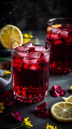 Red lemonade with ice and lemon on black background, selective focusの素材