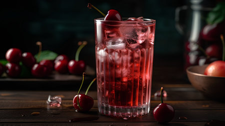 Cherry cocktail with ice cubes and fresh cherries on dark backgroundの素材