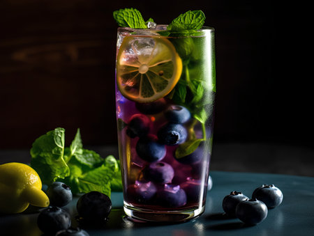 Blueberry mojito cocktail with lemon and mint on black backgroundの素材