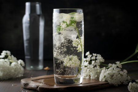 Glass of elderflower water with ice cubes and flowers on dark backgroundの素材