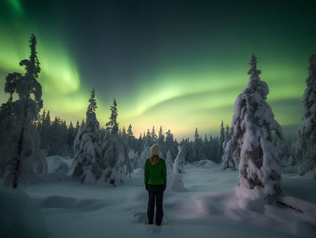 Aurora borealis, northern light over the forest in winterの素材